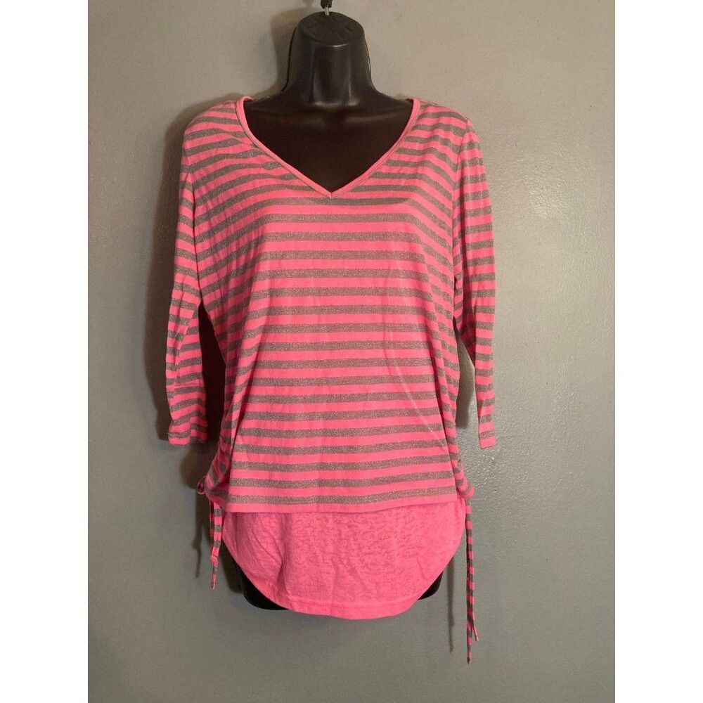 Style & Co Sport pink and gray striped drawstring top